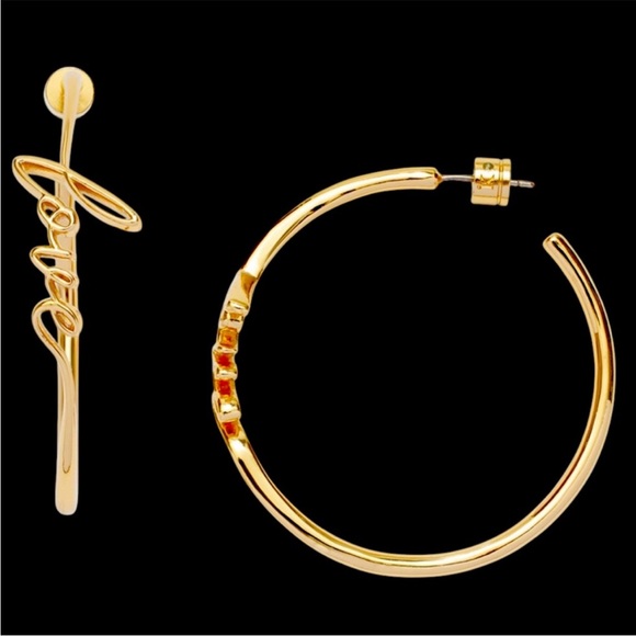 Kleinfeld scripted "Love" Gold Hoop Earrings NWT Retail $65 - Picture 4 of 11